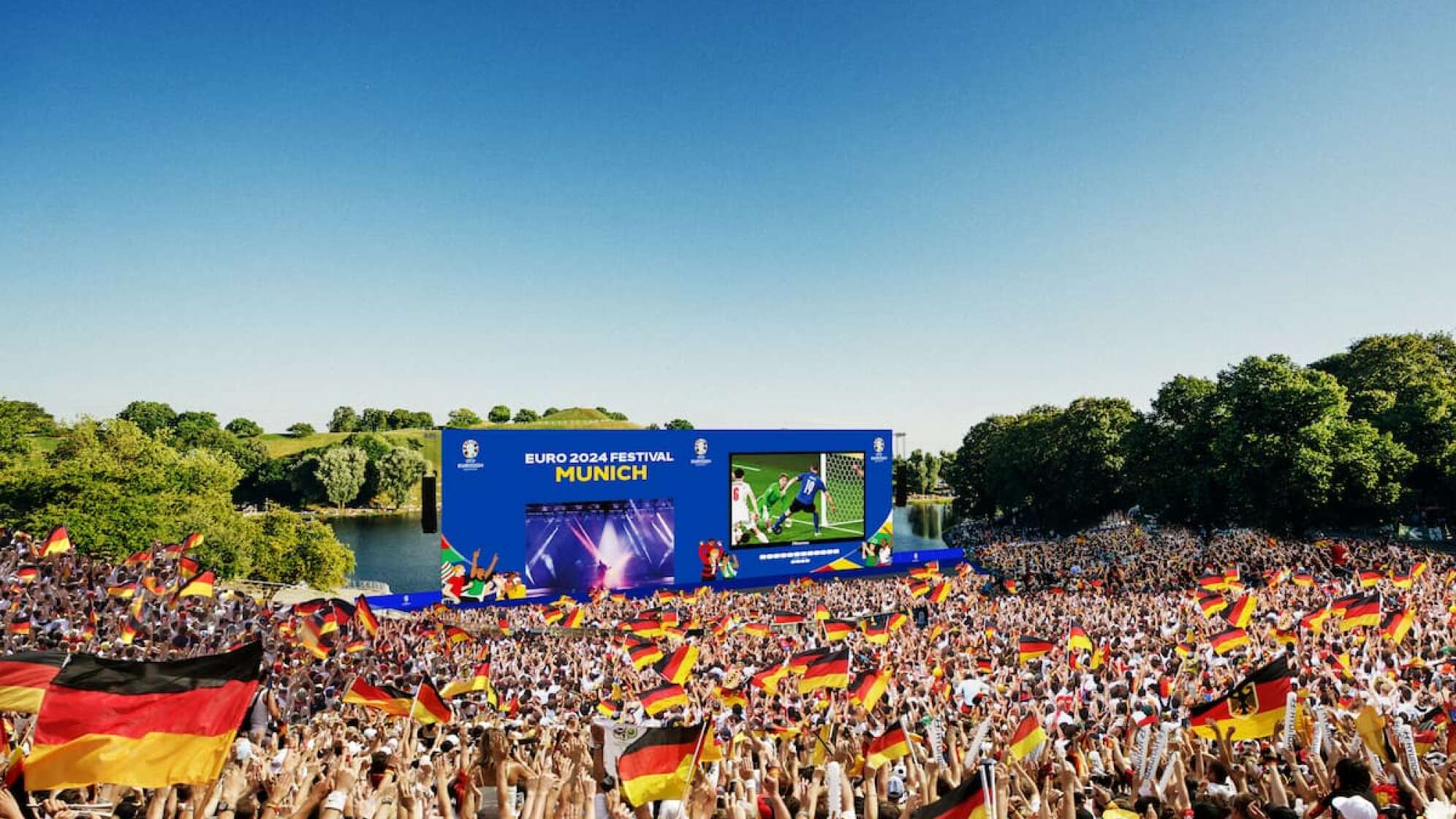 Visualisierung des Public Viewings in der Fan Zone zur UEFA EURO 2024 im Münchner Olympiapark.