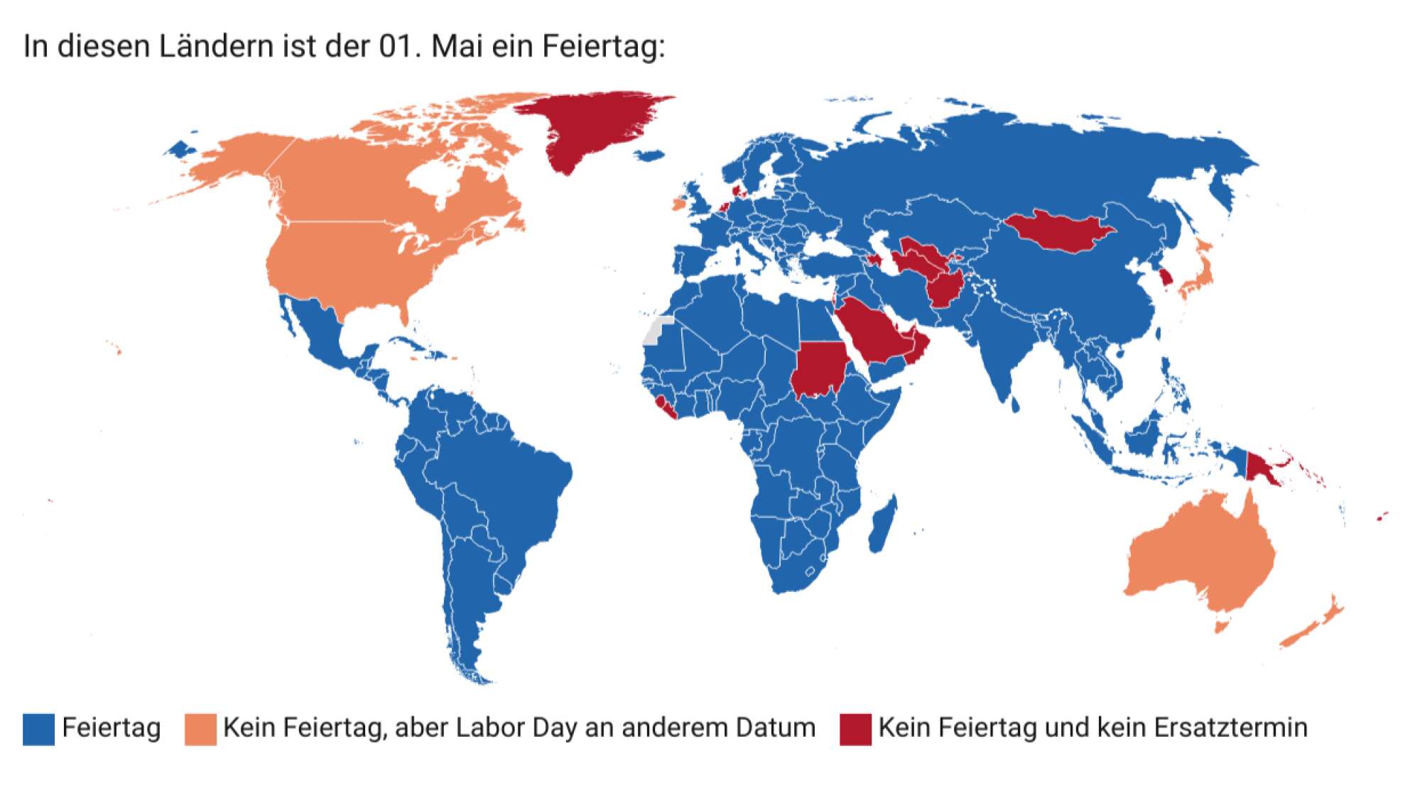 Eine Weltkarte, die zeigt, in welchen Ländern der 01. Mai ein offizieller Feiertag ist.