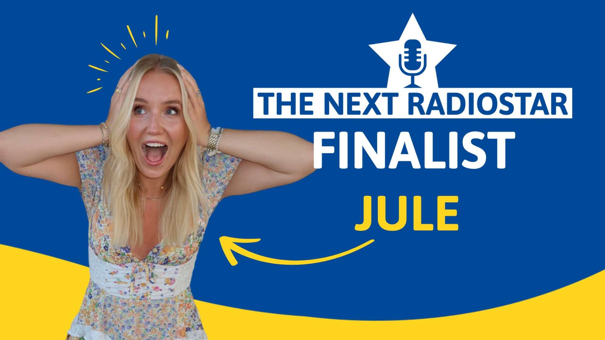 Ein Bild der "The next Radiostar" Finalistin Jule vor gelb-blauem Hintergrund