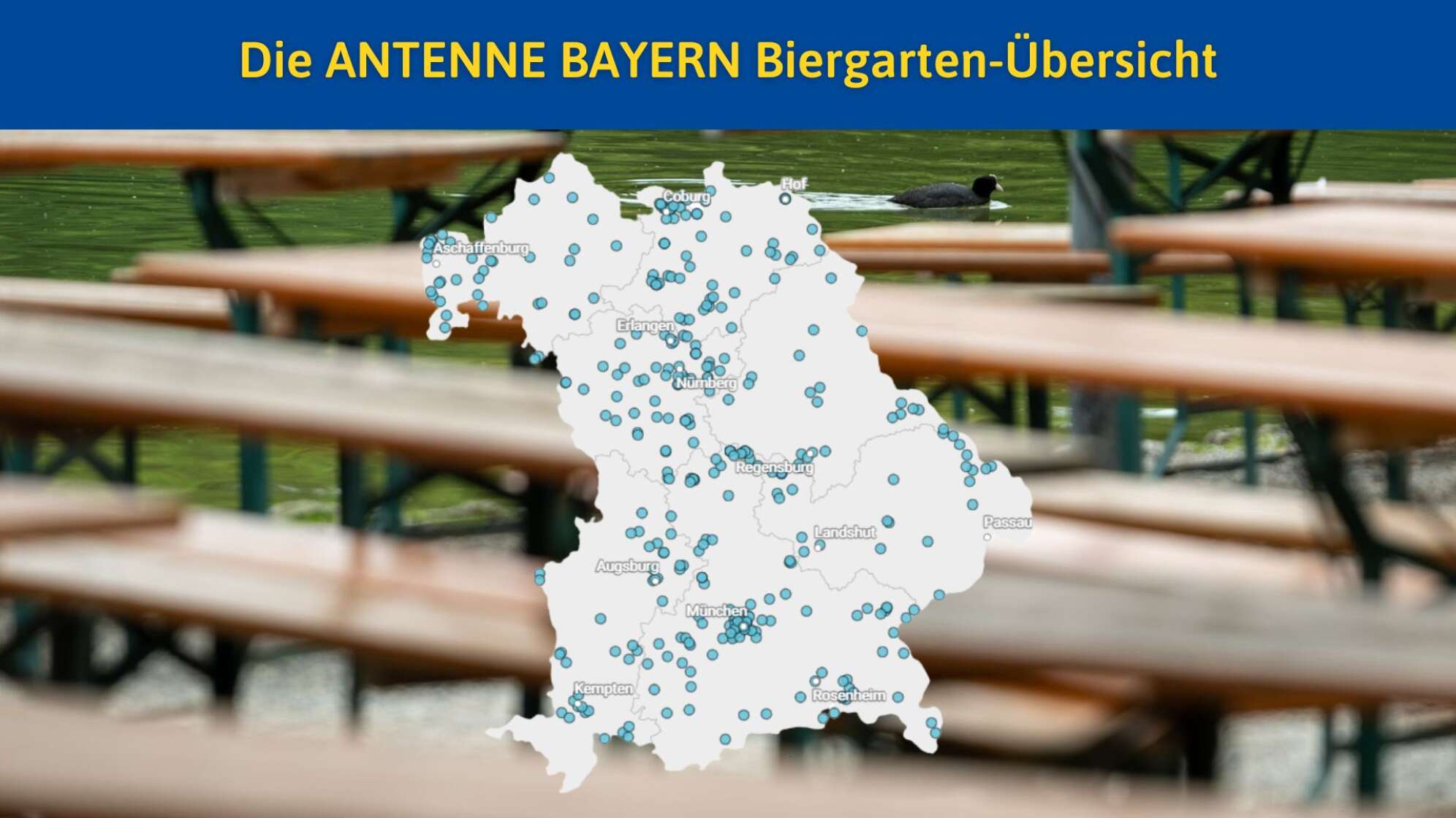 Die ANTENNE BAYERN Biergarten-Übersicht. Zu sehen ist der Text, sowie eine Karte des Freistaats Bayern mit Markierungen für die rund 350 Biergärten.
