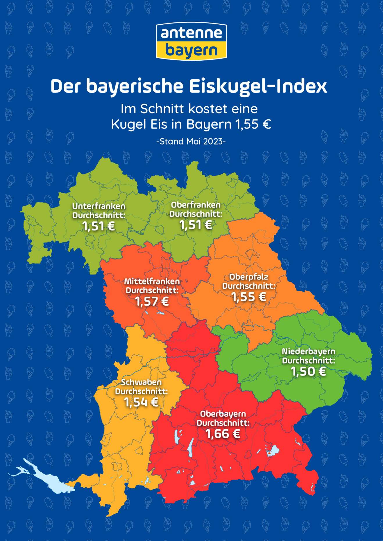 Landkarte von Bayern: Überblick der Eispreise