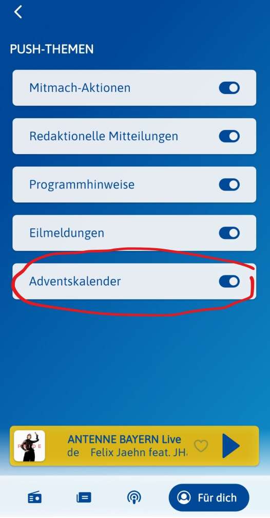 Screenshot der ANTENNE BAYERN App - Für-Dich-Bereich mit Auflistung der Push-Kategorien