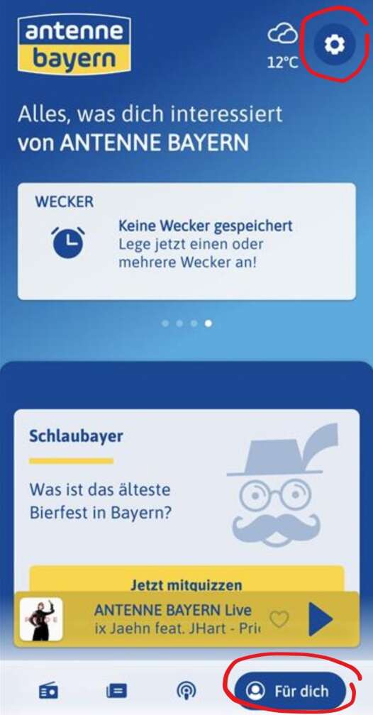 Screenshot der ANTENNE BAYERN App - Für-Dich-Bereich mit Auflistung der Push-Kategorien