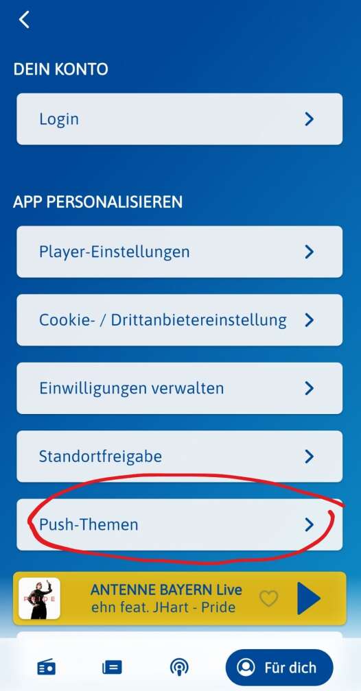 Screenshot der ANTENNE BAYERN App - Für-Dich-Bereich mit Auflistung der Push-Kategorien