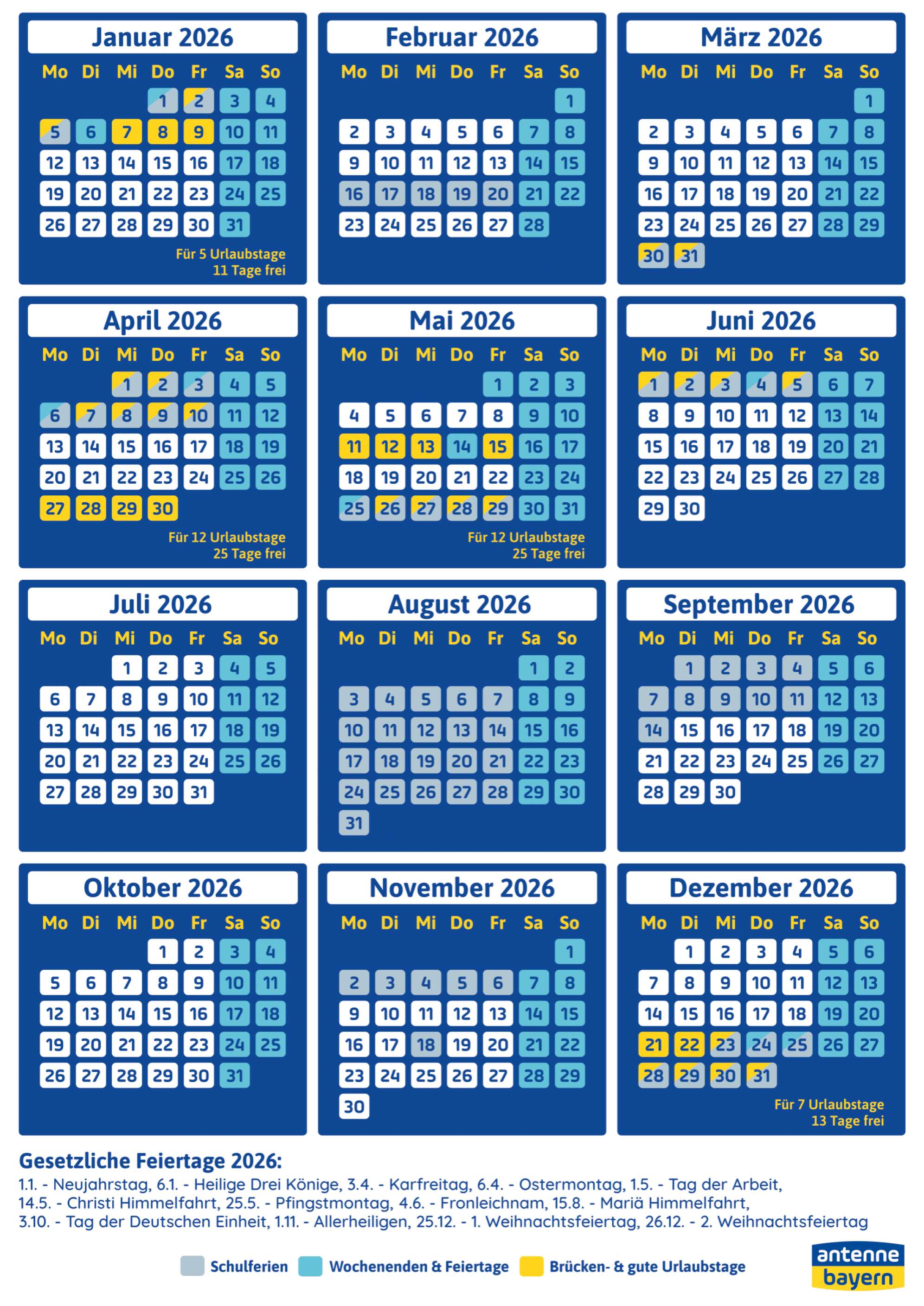 Eine kalendarische Übersicht zu den Brückentagen 2026