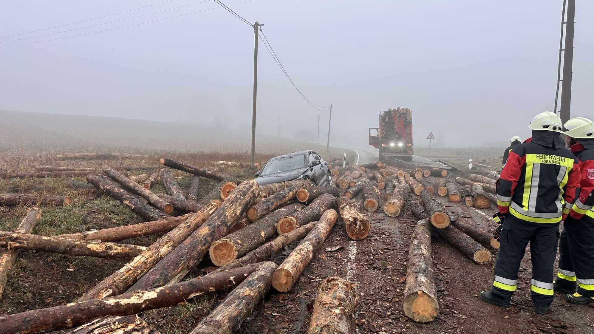 Baumstämme fallen von Holztransporter