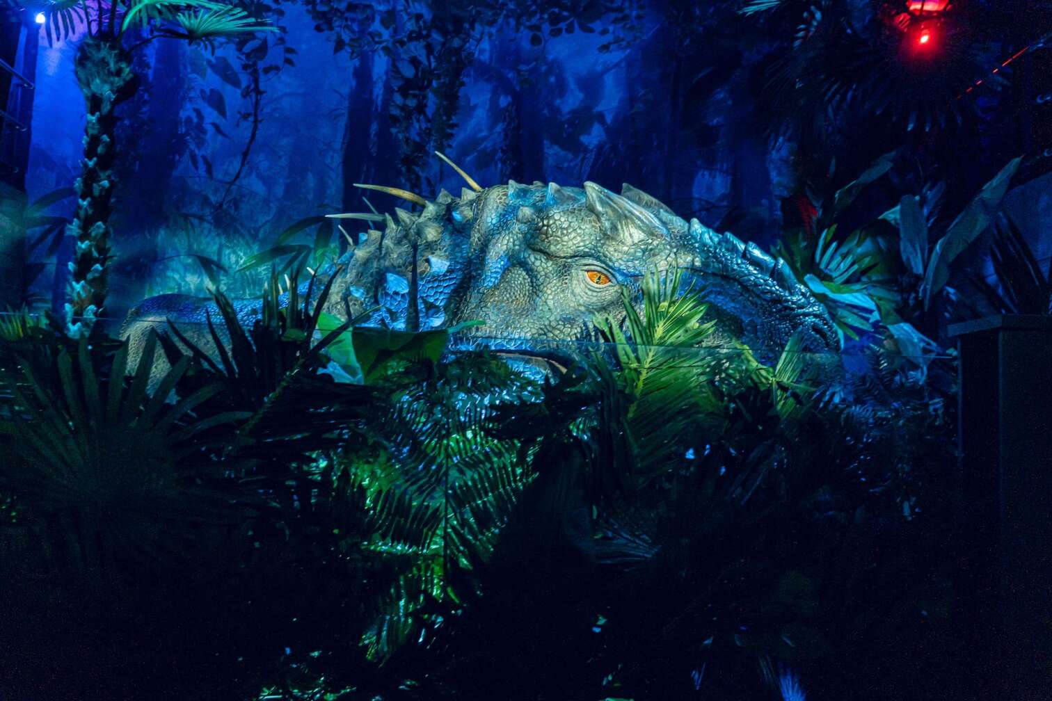 Lebensechtes Dinosauriermodell mit orangefarbenem Auge, das sich hinter dichten tropischen Pflanzen im Dschungel der Jurassic World Ausstellung verbirgt