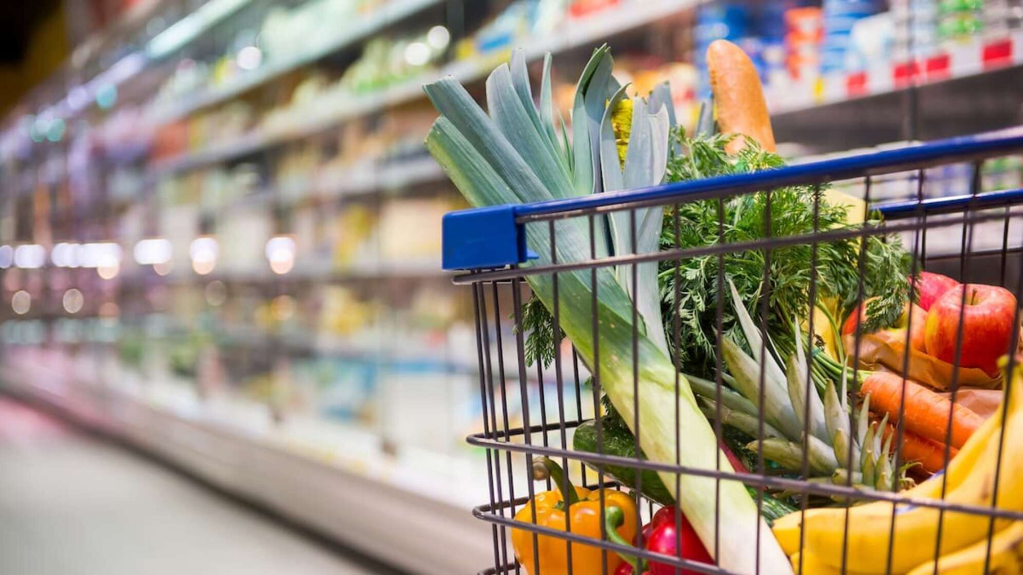 Einkaufswagen mit Lebensmitteln im Supermarkt