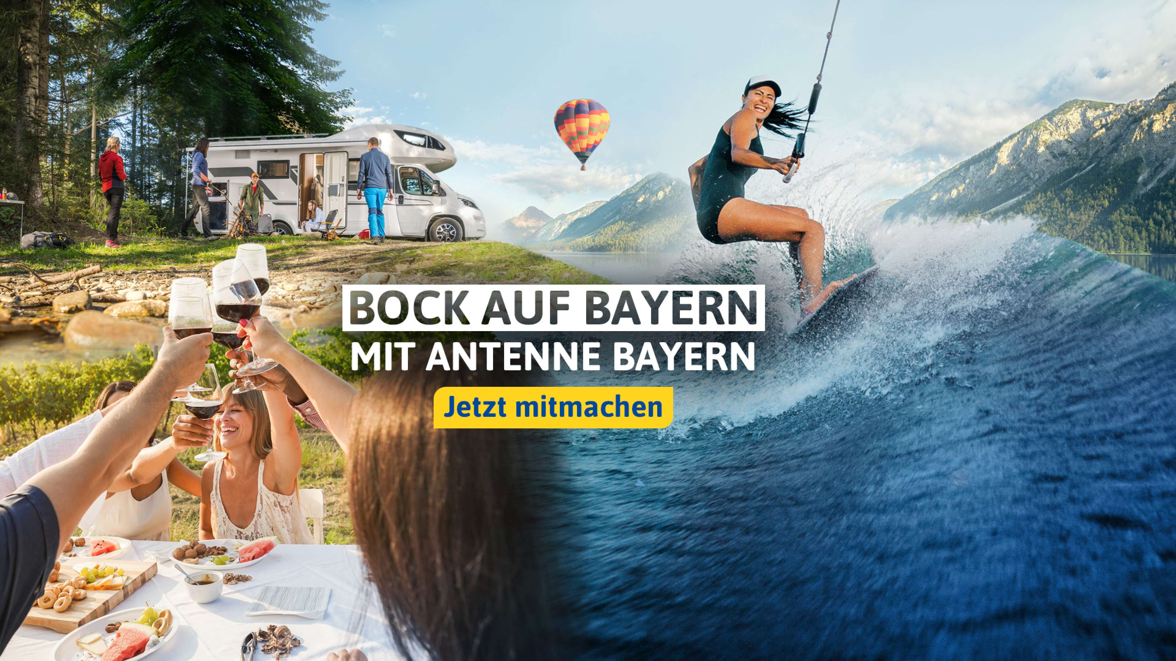 Menschen genießen ihren Sommerurlaub in Bayern: Freunde stoßen beim Picknick im Grünen an, eine Familie campt mit Wohnmobil am bayerischen Bergsee und eine Sportlerin wakeboardet vor Alpenkulisse – Kampagne „Bock auf Bayern mit ANTENNE BAYERN, jetzt mitmachen“ für Urlaub und Freizeit in Bayern.