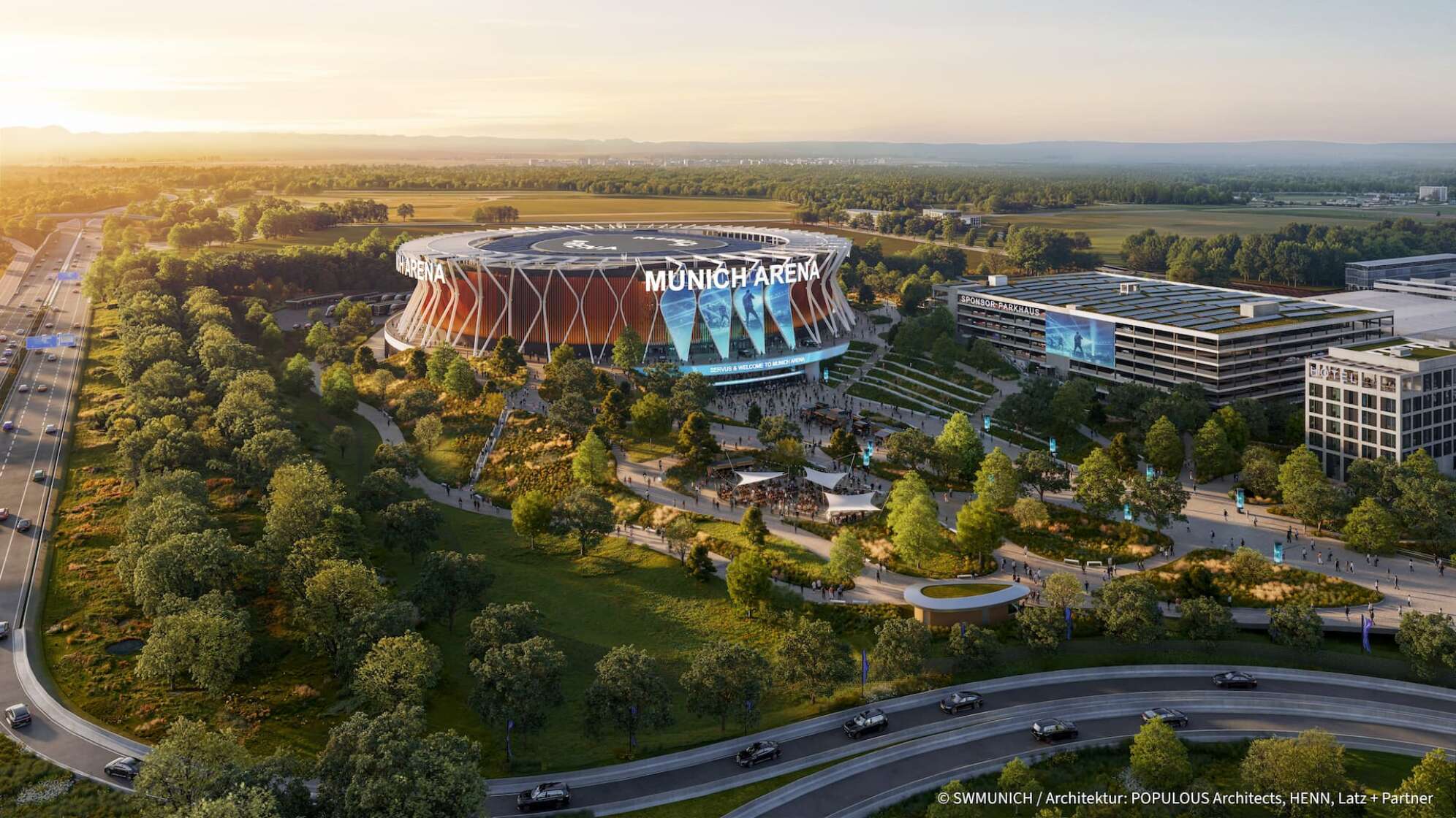 Visualisierung der neuen Munich Arena in München: moderne Konzert- und Eventarena mit beleuchteter Fassade, umgeben von Grünflächen, Vorplatz mit Besuchern, Parkhaus und Bürogebäuden, im Vordergrund die Autobahnauffahrt – Musik- und Veranstaltungsarena im Südosten von München, Bayern.