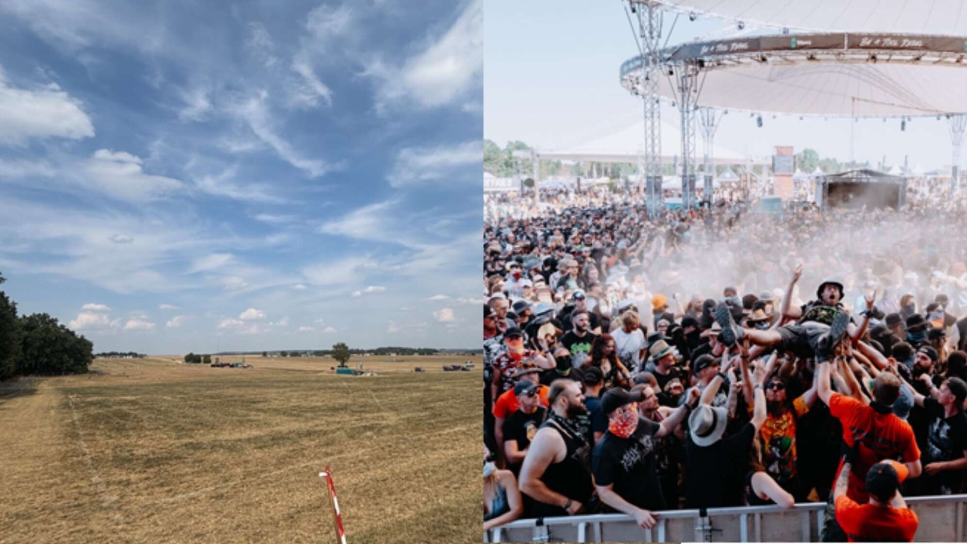 Eine Fotocollage: Links ein leerer Campingplatz, saubere Wiese und in der Entfernung sieht man ein paar Autos, rechts eine vor der Konzertbühne wild feiernde Menschenmenge