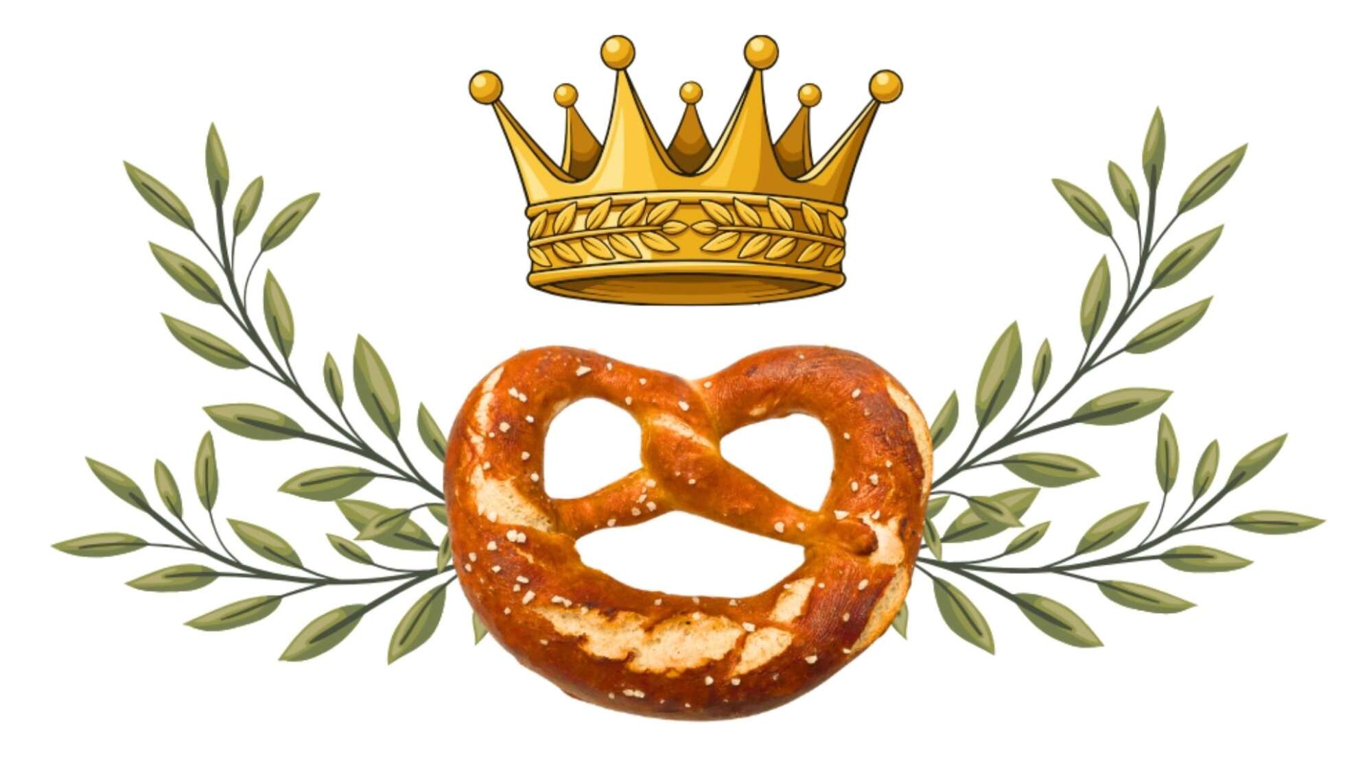 Illustration einer goldenen Krone über einer frisch gebackenen bayerischen Breze, flankiert von grünen Lorbeerzweigen auf weißem Hintergrund – symbolisches Logo für einen „Breznkönig“, Wettbewerb rund um die Suche nach einem Botschafter oder einer Botschafterin für die Breze in Bayern.