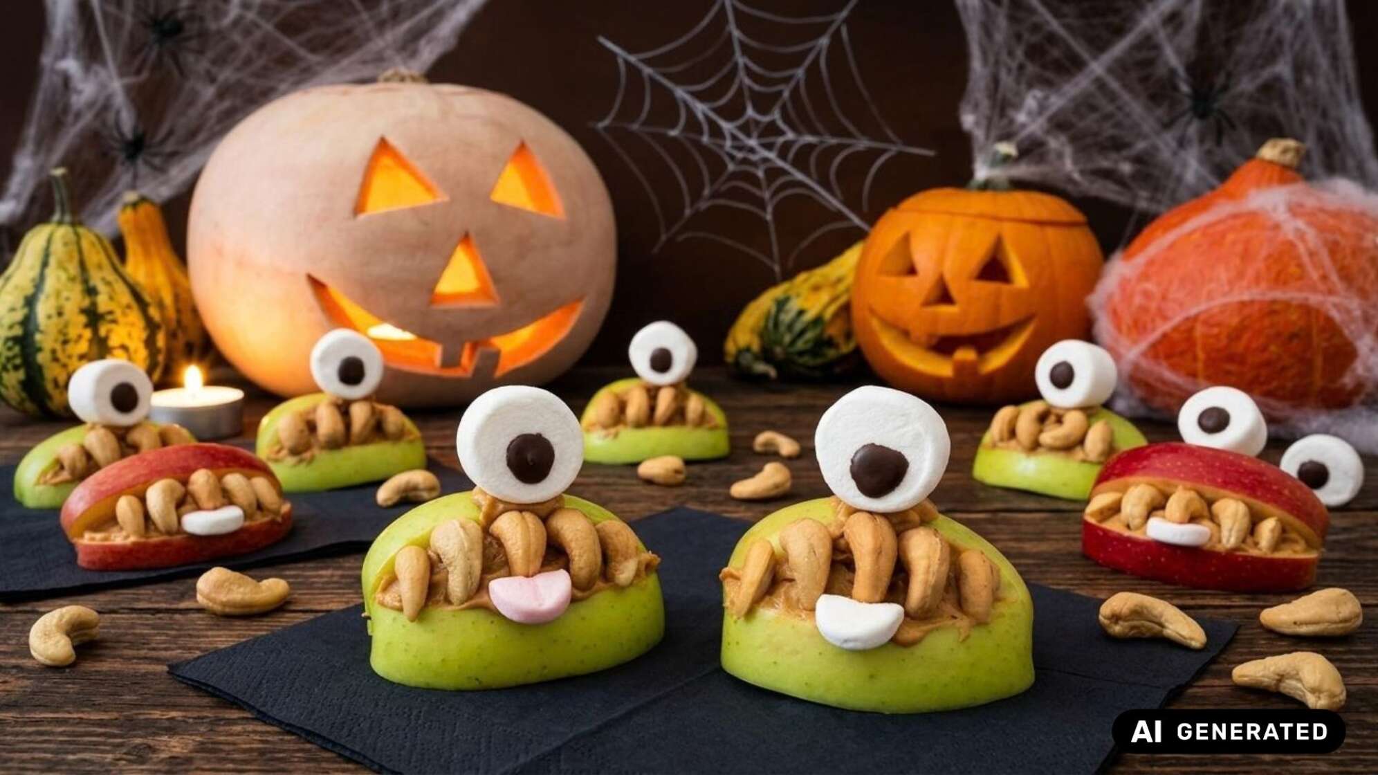Apfelspalten als Monstergesichter mit Cashew-Zähnen und Marshmallow-Augen vor geschnitzten Kürbissen und Spinnweben. Symbolbild, KI-generiert.