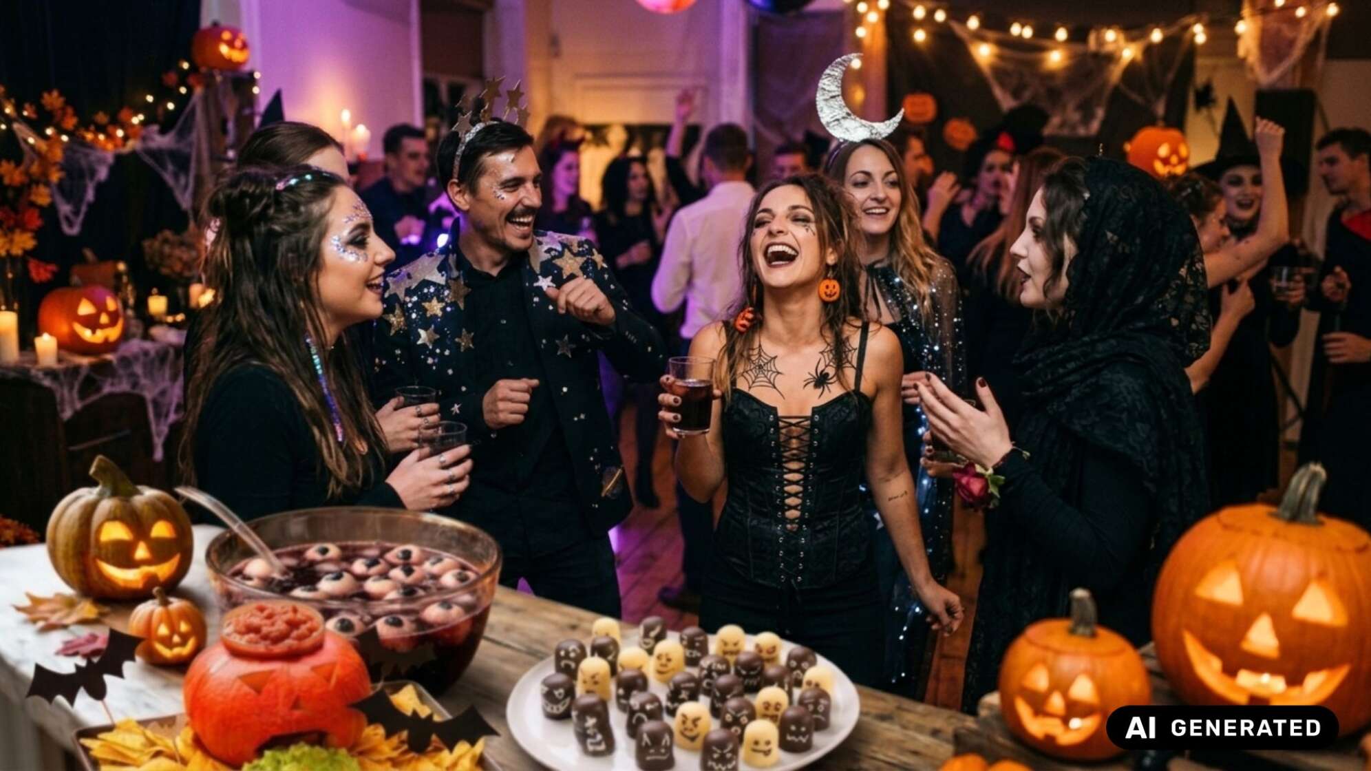 Lachende, kostümierte Gäste feiern auf einer Halloween-Party, davor ein Buffet mit Bowle, Schokoladen-Gespenstern und Fingerfood, dazu geschnitzte Kürbisse. Symbolbild, KI-generiert.