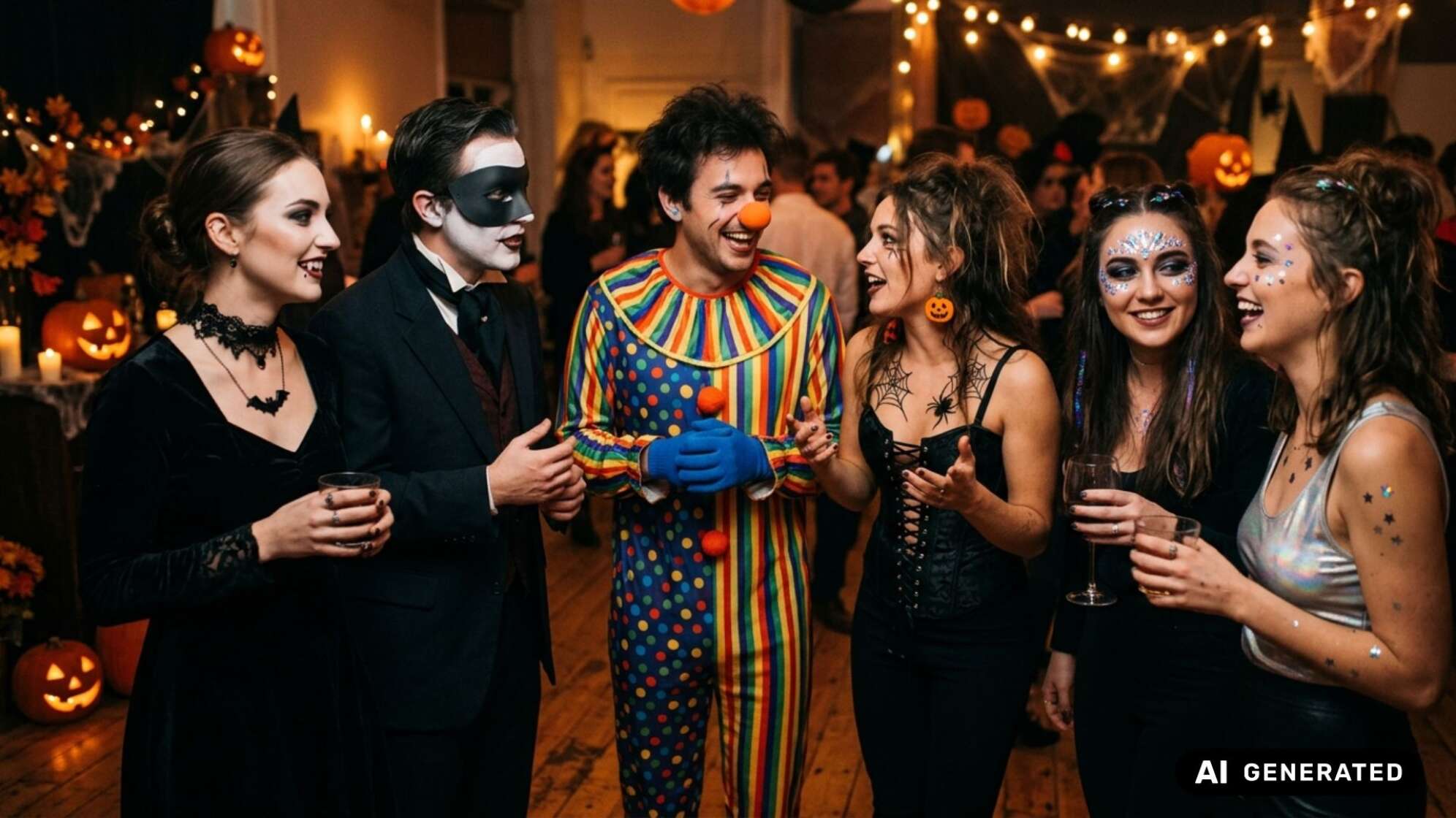 Sechs Gäste in verschiedenen Halloween-Kostümen, darunter Vampirin, Maskenmann, Clown und Glitzer-Looks, unterhalten sich lachend auf einer dekorierten Party. Symbolbild, KI-generiert.