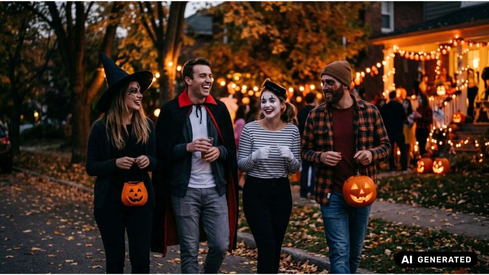 Vier lachende Freunde in einfachen Halloween-Kostümen (Hexe, Vampir, Pantomime, Zombie-Look) gehen abends mit Kürbiseimern durch eine geschmückte Straße. Symbolbild, KI-generiert.