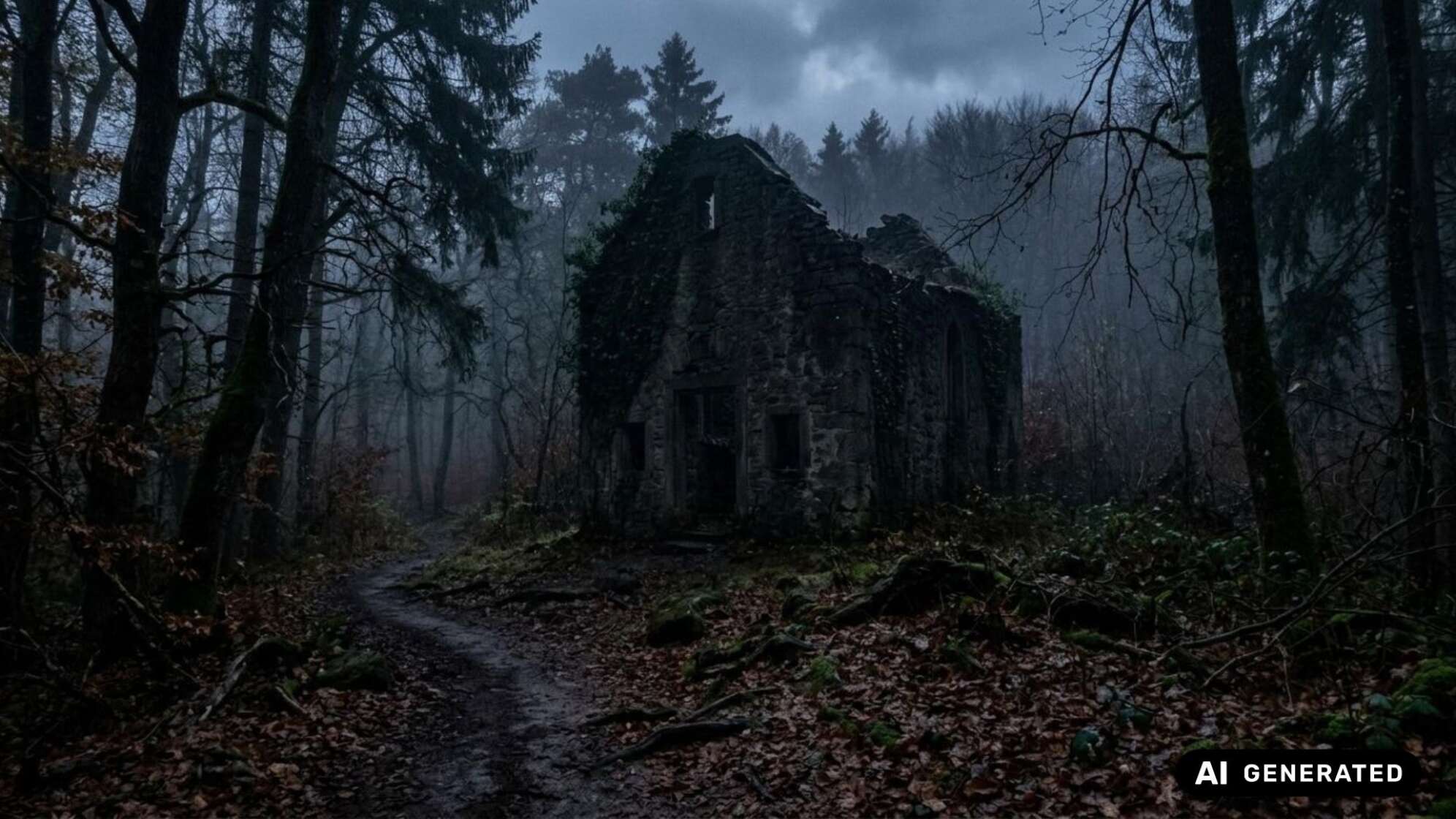 Verfallene, efeubewachsene Steinruine in einem dunklen, nebligen Wald, zu der ein schmaler Pfad führt. Symbolbild, KI-generiert.