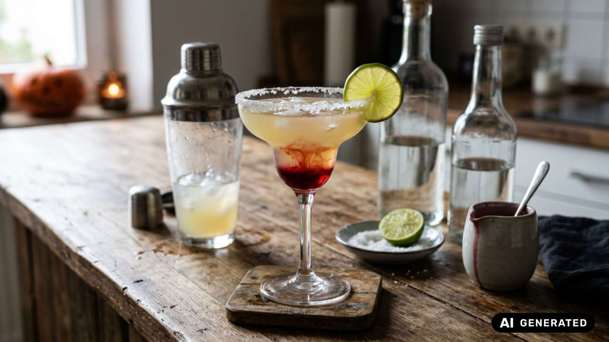 Margarita mit Salzrand und Limettenscheibe, in die sich roter Sirup wie Blut im Glas verteilt, auf einem Holztisch neben Cocktailshaker und Flaschen. Symbolbild, KI-generiert.