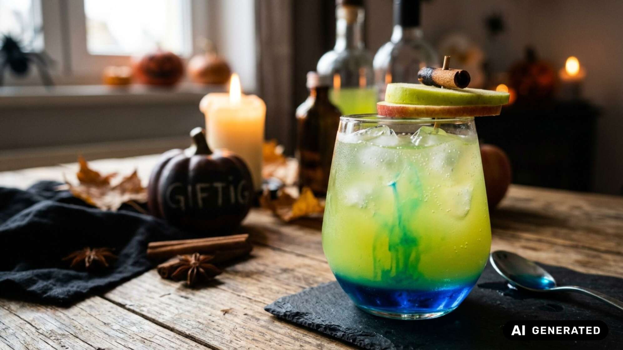 Grün-blauer Cocktail mit Eiswürfeln und Apfelscheiben samt Zimtstange im Glas auf einem Holztisch, daneben Kürbis mit Aufschrift „Giftig“ und Kerzen. Symbolbild, KI-generiert.