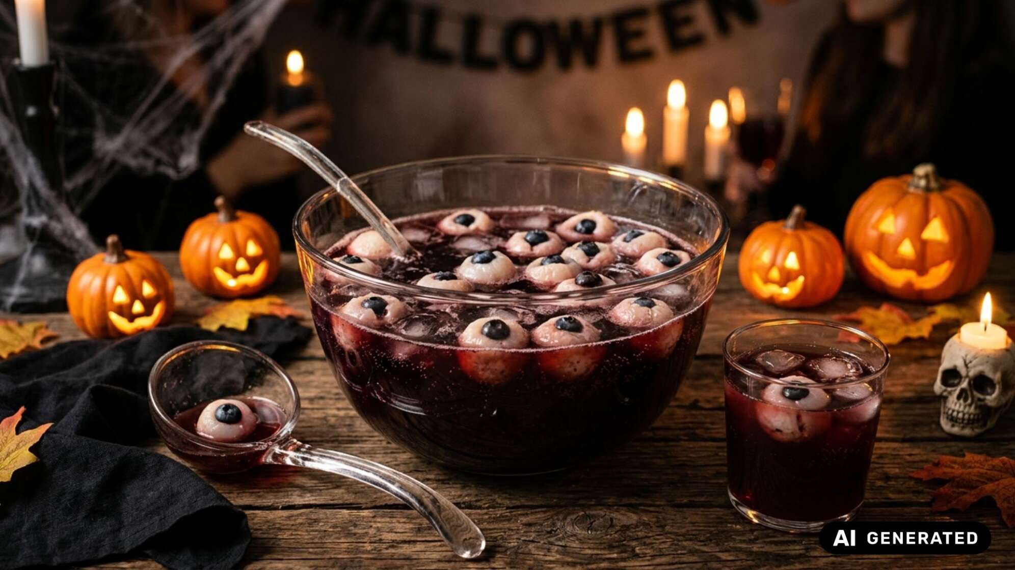 Dunkelrote Bowle mit augenförmigen Früchten in einer Glasschüssel, umgeben von leuchtenden Kürbissen, Kerzen und Totenkopf. Symbolbild, KI-generiert.