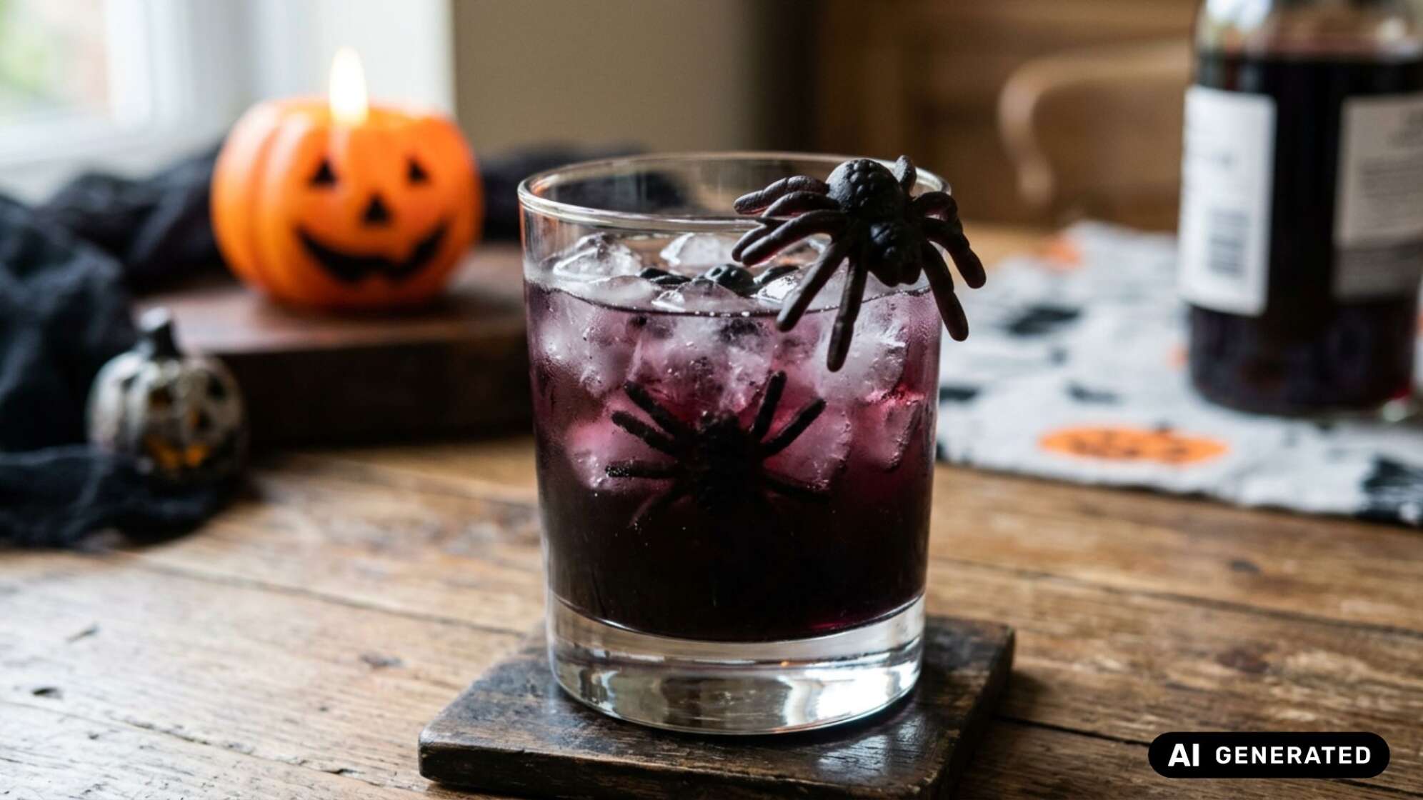 Dunkelvioletter Cocktail mit Eiswürfeln und einer Deko-Spinne am Glasrand auf einem Holztisch, im Hintergrund ein Kürbis mit Kerze. Symbolbild, KI-generiert.