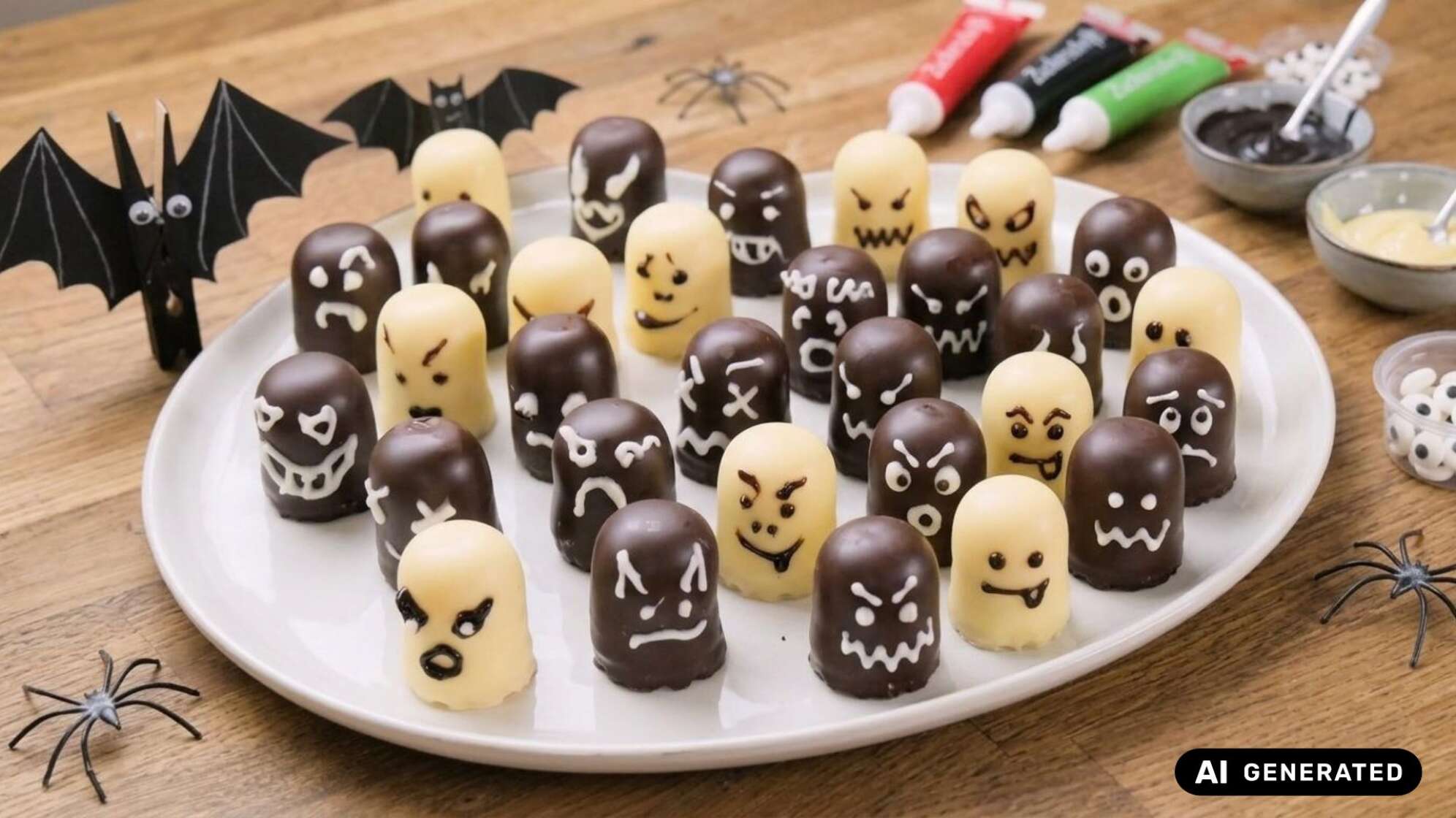 Schokoküsse in dunkler und heller Glasur mit aufgemalten Monstergesichtern auf einem Teller, daneben Zuckerschrift, Zuckeraugen und Deko-Fledermäuse. Symbolbild, KI-generiert.