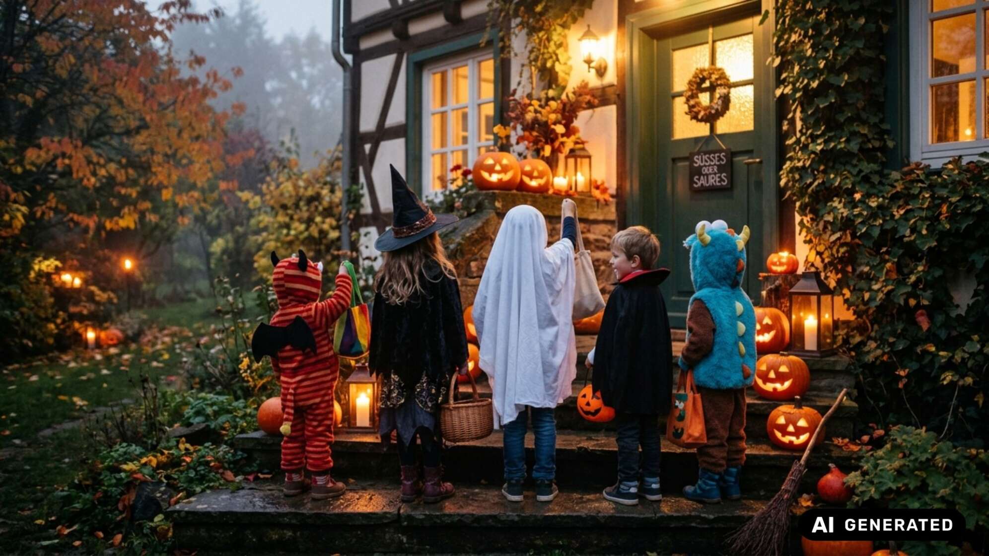 Fünf verkleidete Kinder mit Körben und Beuteln stehen abends vor einer festlich geschmückten Haustür mit Kürbissen und Schild „Süßes oder Saures“. Symbolbild, KI-generiert.