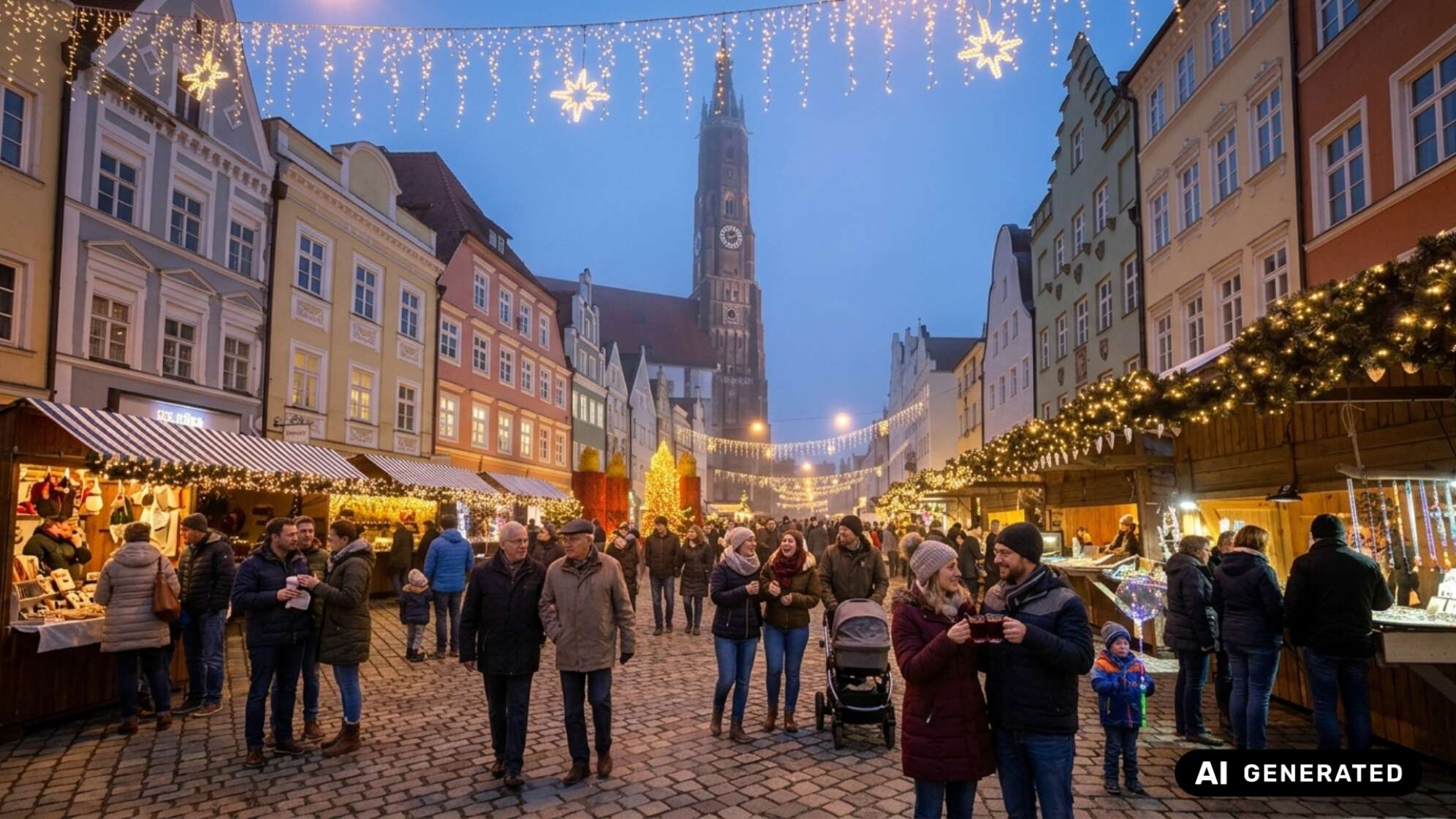 Besucher schlendern abends über einen festlich beleuchteten Christkindlmarkt in einer Altstadt, links und rechts Holzbuden, im Hintergrund ein hoher Kirchturm. Symbolbild, KI-generiert.