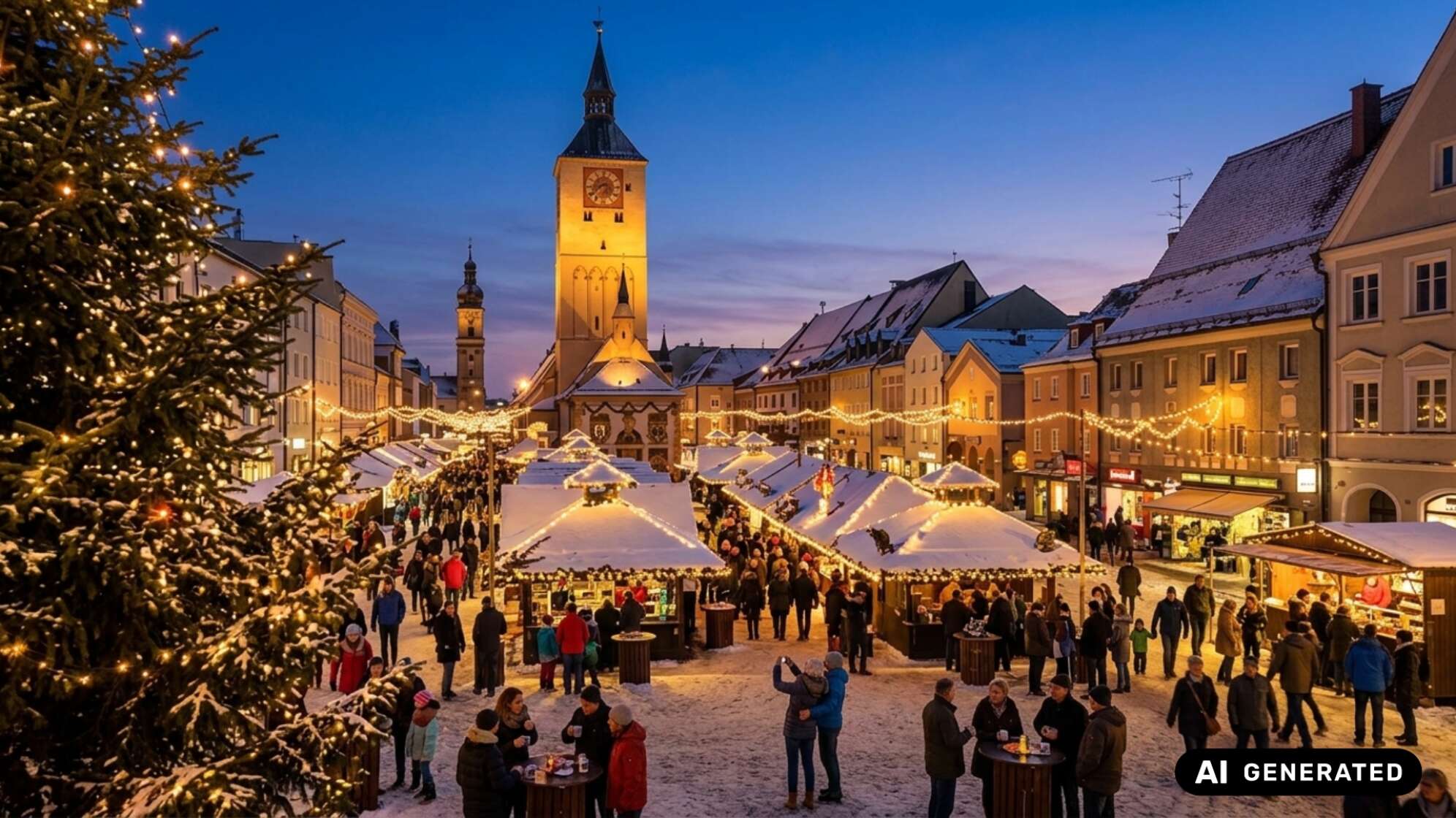 Verschneiter Christkindlmarkt in der Dämmerung mit beleuchteten Holzbuden, vielen Besuchern und Lichterketten, im Hintergrund ein Uhrturm, links ein geschmückter Tannenbaum. Symbolbild, KI-generiert.