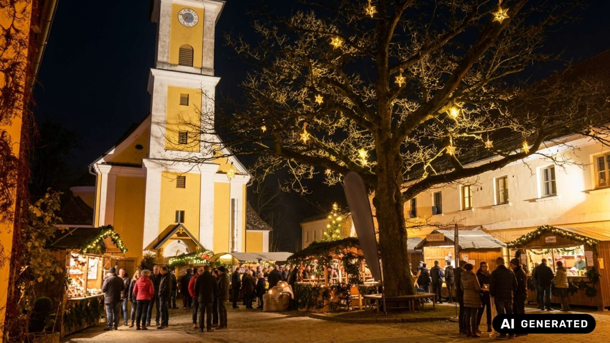 Kleiner Christkindlmarkt bei Nacht mit Holzbuden und Besuchern unter einem großen, mit Lichtersternen geschmückten Baum, links eine gelb-weiße Kirche mit Turm. Symbolbild, KI-generiert.