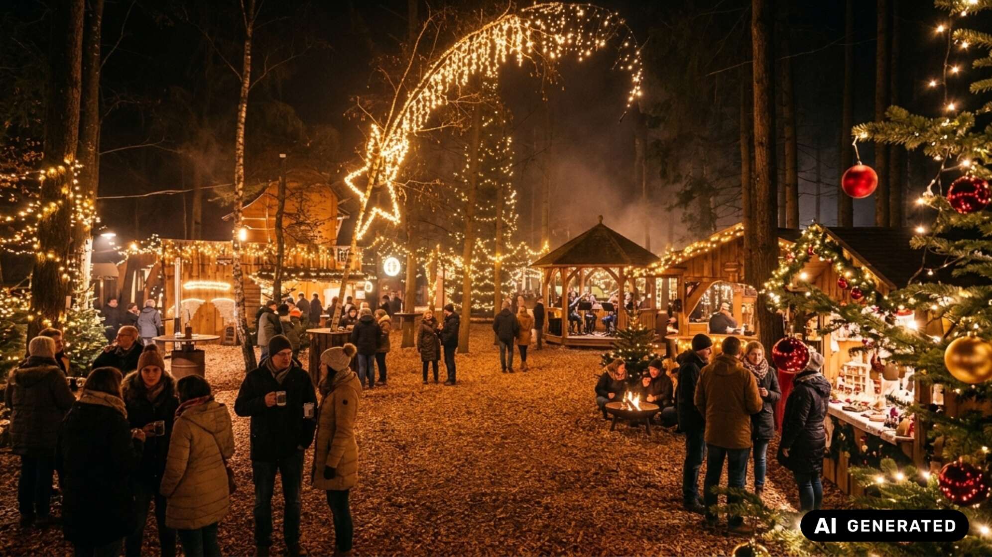 Besucher mit Heißgetränken stehen nachts auf einer Waldweihnacht zwischen Holzbuden, Lichterketten und einer leuchtenden Sternschnuppe, im Hintergrund ein Pavillon mit Musikern, rechts ein geschmückter Tannenbaum. Symbolbild, KI-generiert.