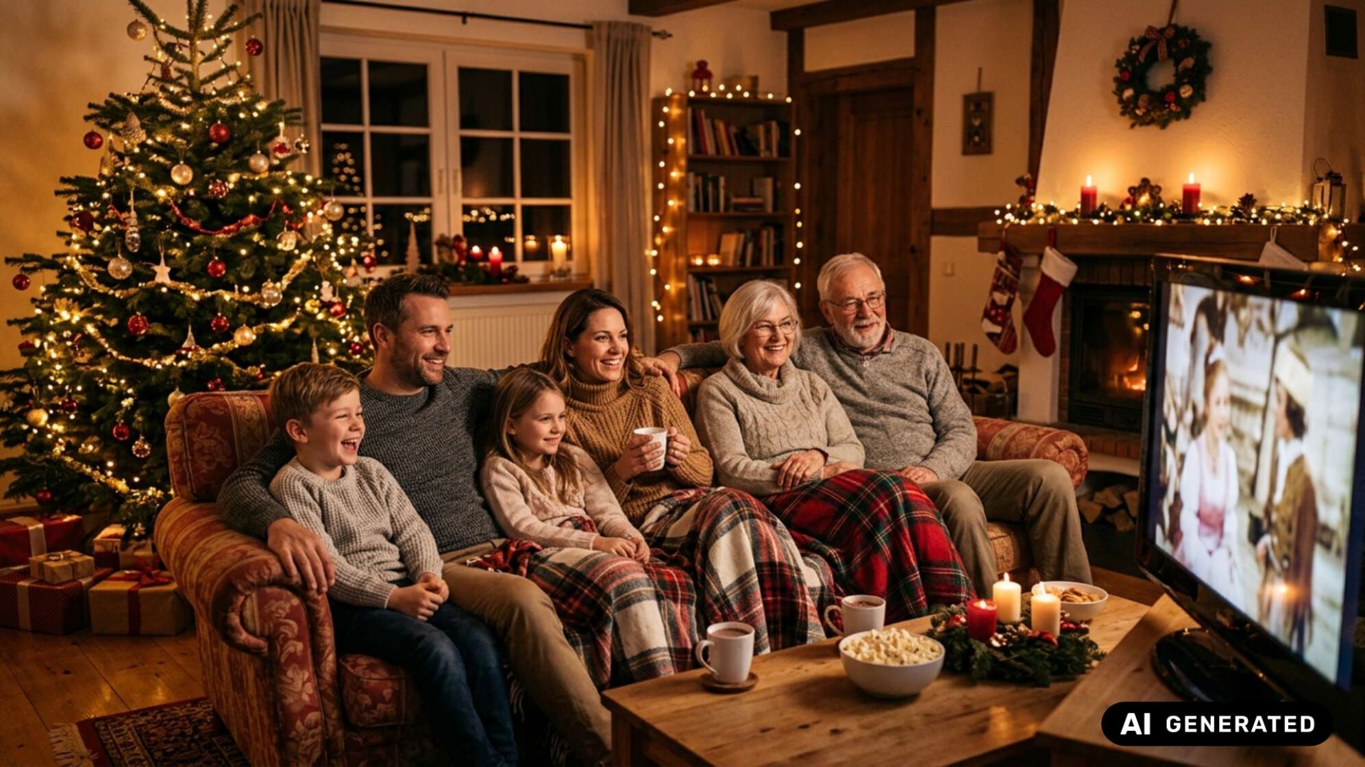 Drei Generationen einer Familie sitzen unter Decken auf dem Sofa und schauen lachend fernsehen, im Wohnzimmer mit Weihnachtsbaum, Kamin und Kerzen, auf dem Tisch Popcorn und Kakao. Symbolbild, KI-generiert.
