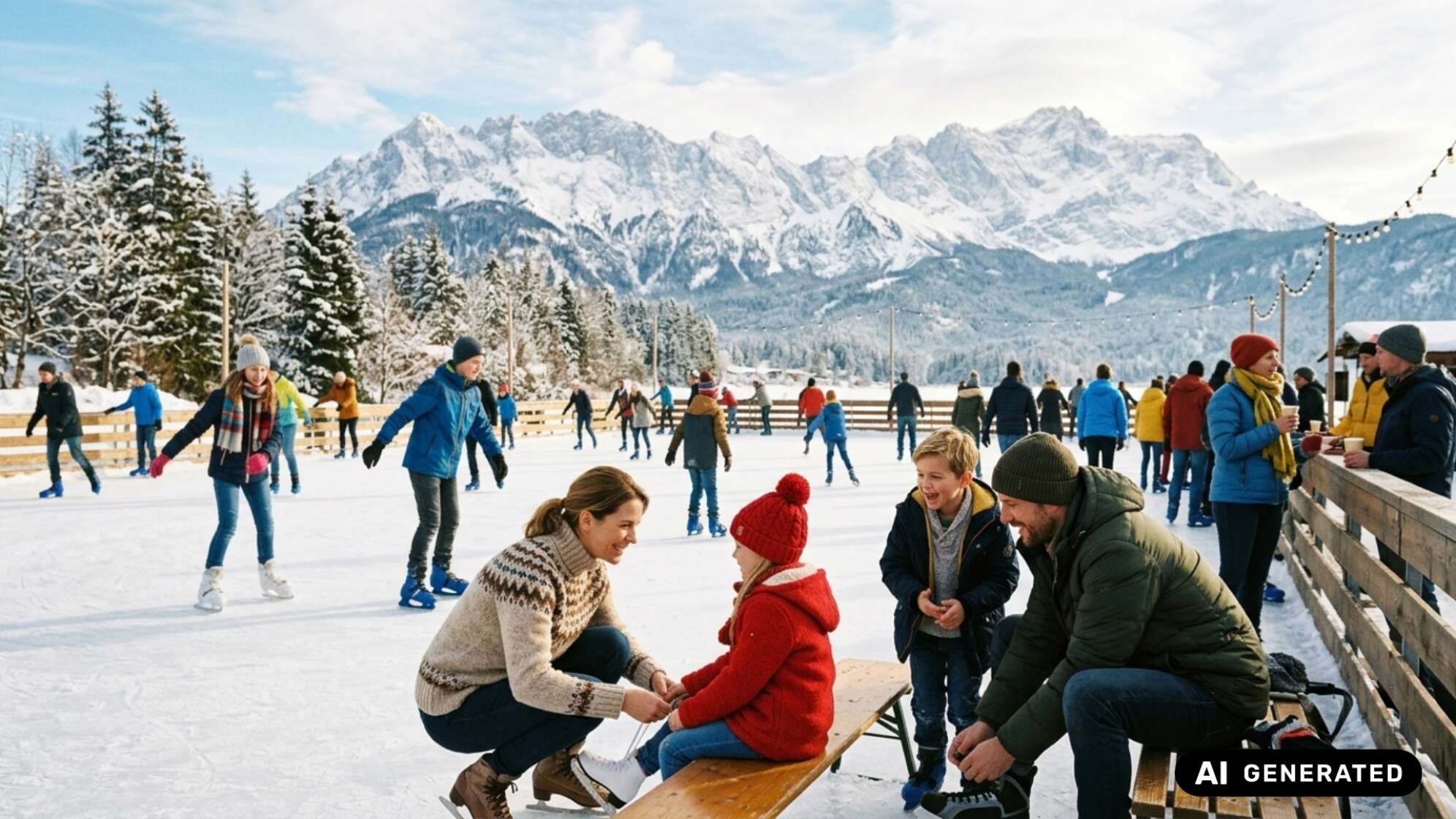 Familien und Eisläufer auf einer Freiluft-Eisbahn an einem sonnigen Wintertag, im Vordergrund bindet eine Frau einem Kind die Schlittschuhe, im Hintergrund verschneite Berge. Symbolbild, KI-generiert.