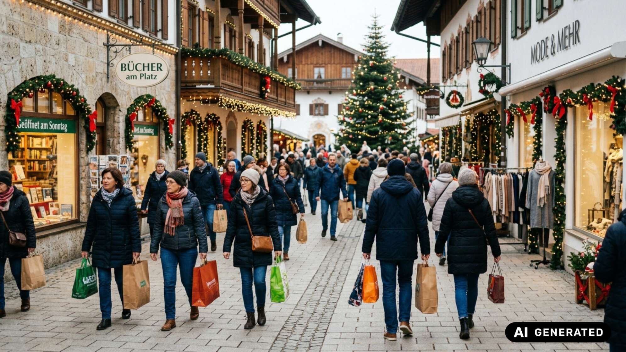 Viele Menschen mit Einkaufstüten bummeln durch eine weihnachtlich geschmückte Fußgängerzone, links eine Buchhandlung mit Schild „Geöffnet am Sonntag“, im Hintergrund ein Weihnachtsbaum. Symbolbild, KI-generiert.