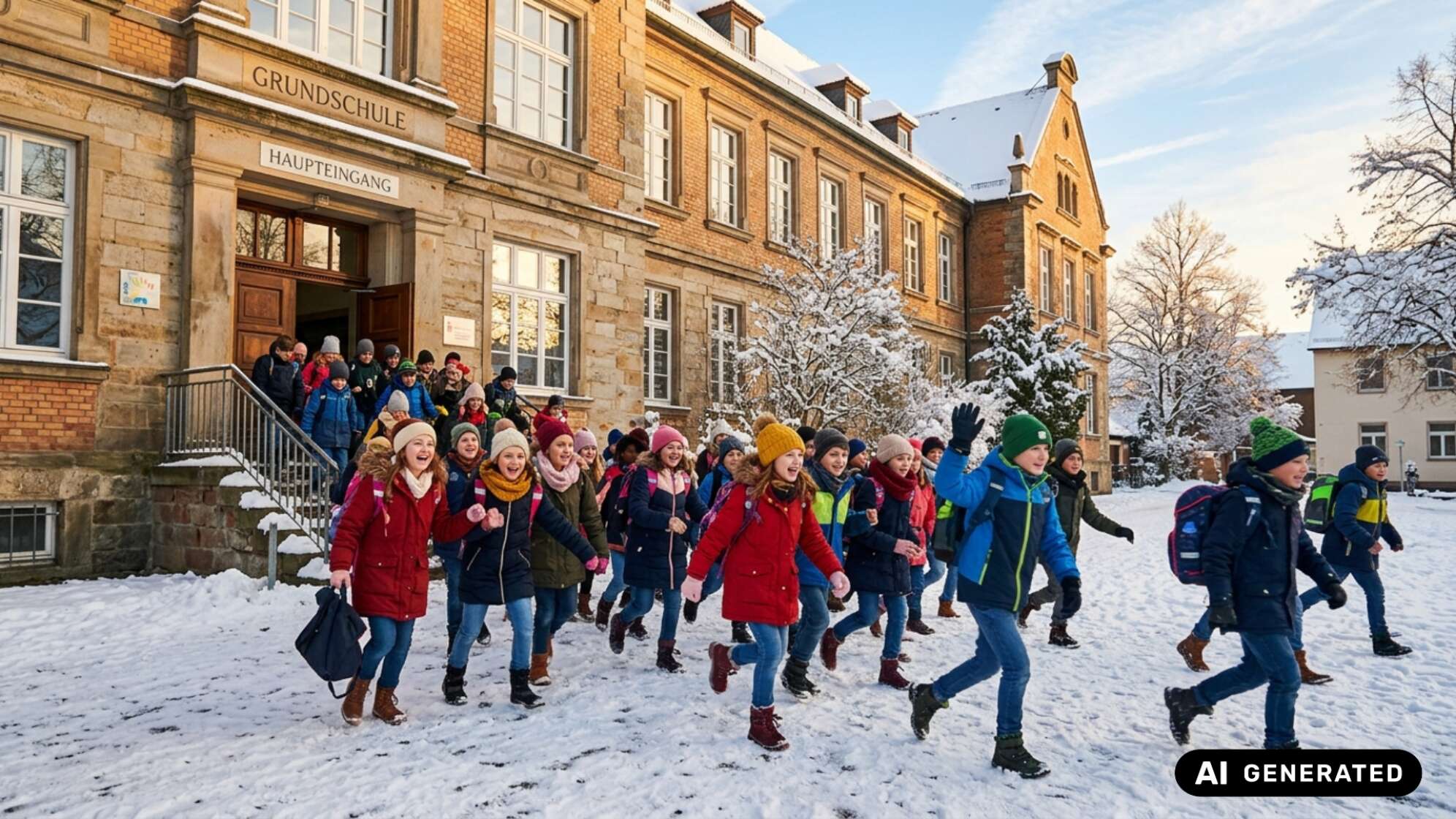 Fröhliche Grundschulkinder in Winterkleidung rennen mit Schulranzen über den verschneiten Schulhof, im Hintergrund das Schulgebäude aus Backstein. Symbolbild, KI-generiert.