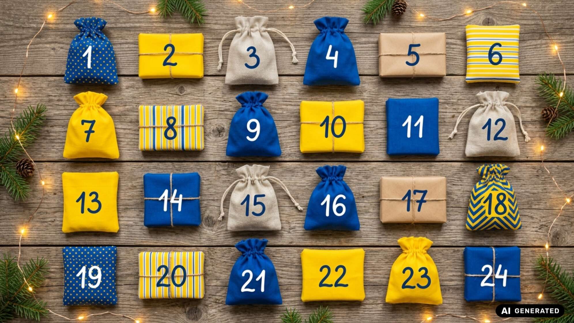 Adventskalender aus 24 nummerierten Stoffsäckchen und Päckchen in Blau, Gelb und Naturtönen auf einem Holztisch, umrahmt von Tannenzweigen und Lichterkette. Symbolbild, KI-generiert.