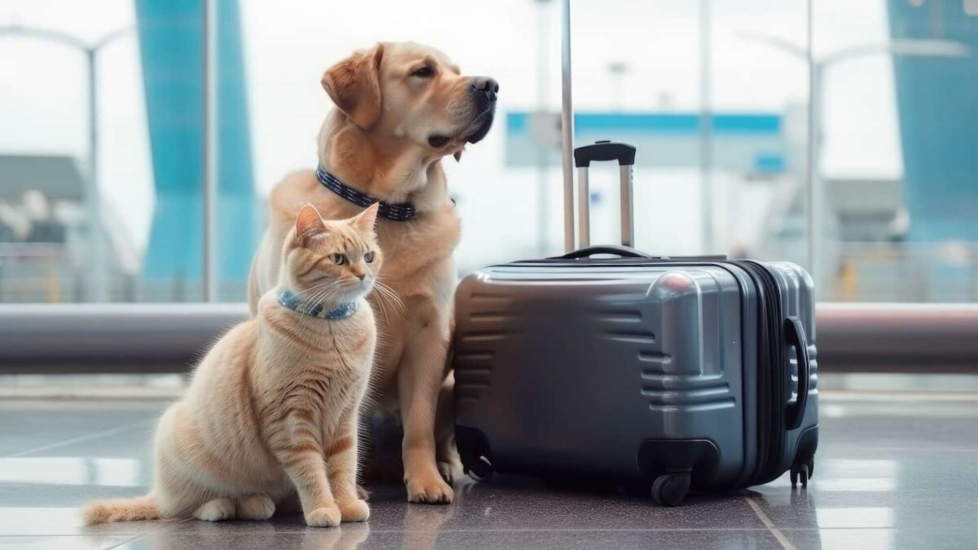 Hund und Katze warten am Flughafen neben Koffer
