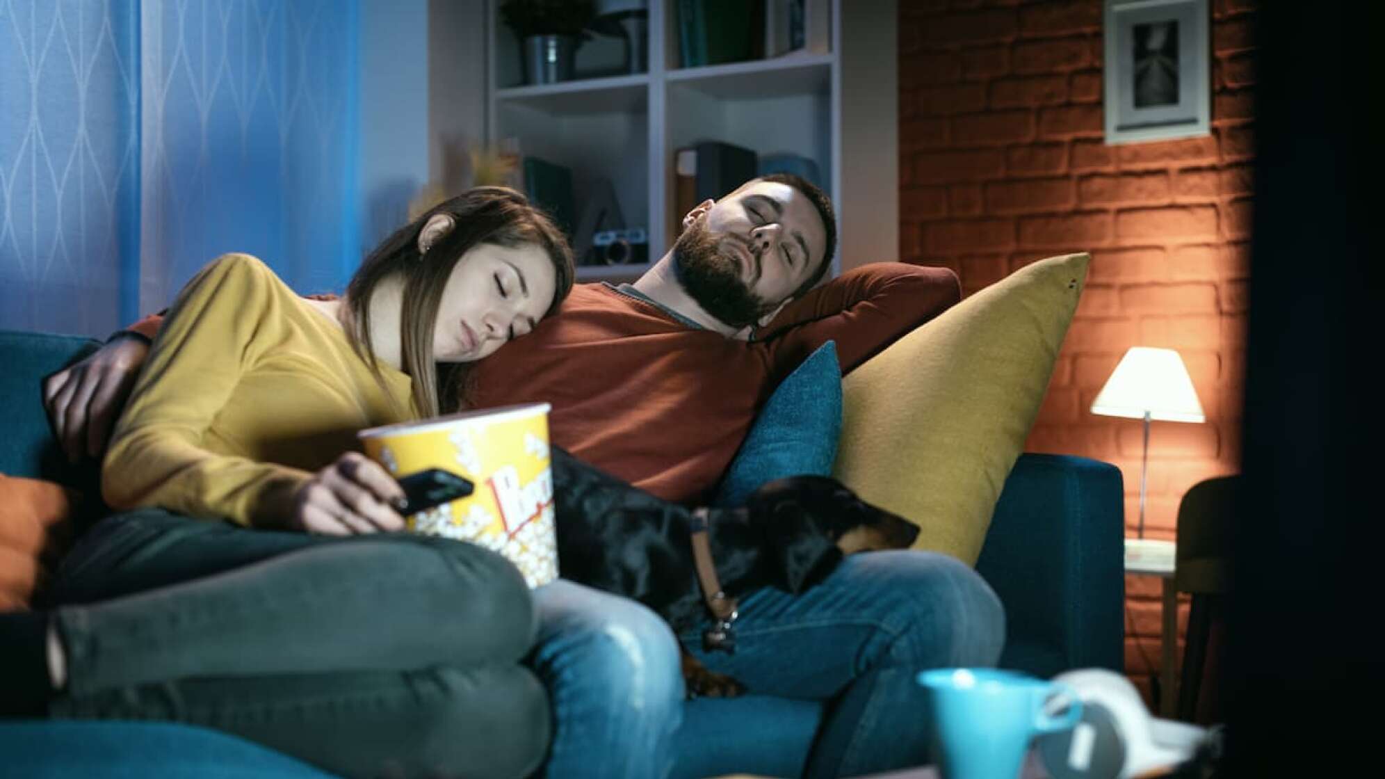Pärchen mit Dackel und Hund auf der Couch