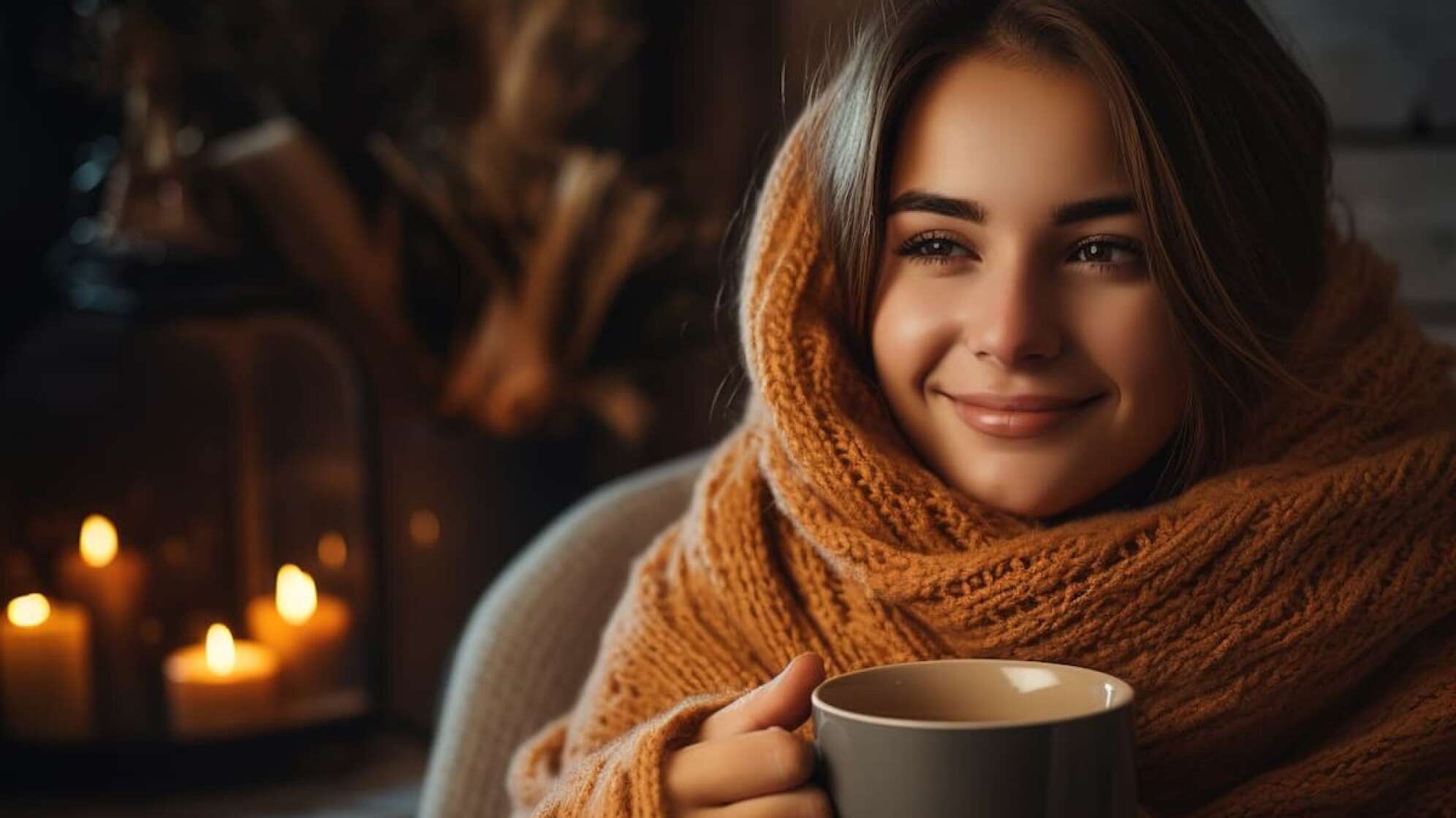 Frau in Schal eingekuschelt mit Teetasse