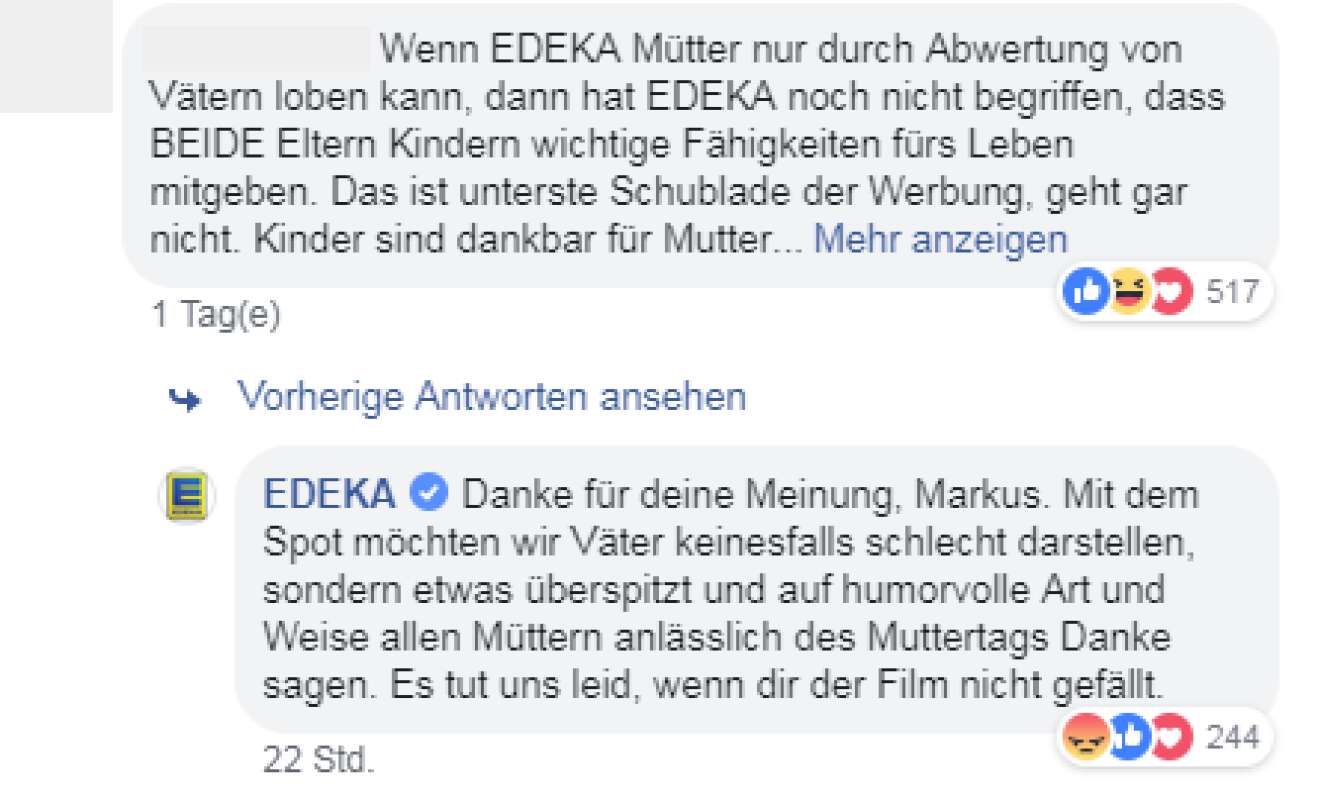 Facebook Antwort von Edeka auf Kritik