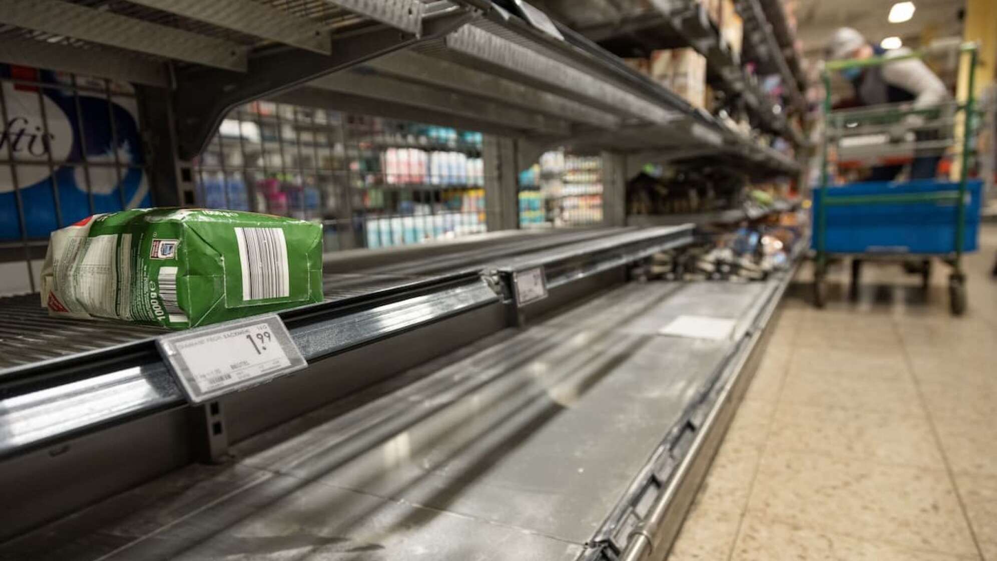 Leeres Supermarktregal mit nur einer Packung