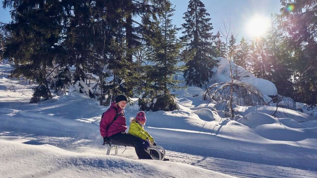 Mutter und Kind rodeln Berg hinunter